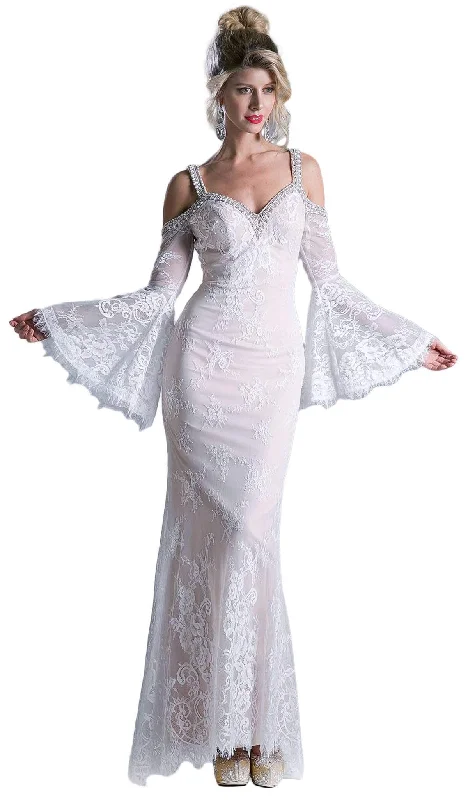 Cinderella Divine 13112 - Embellished Lace Long Bell Sleeve Sheath Dress