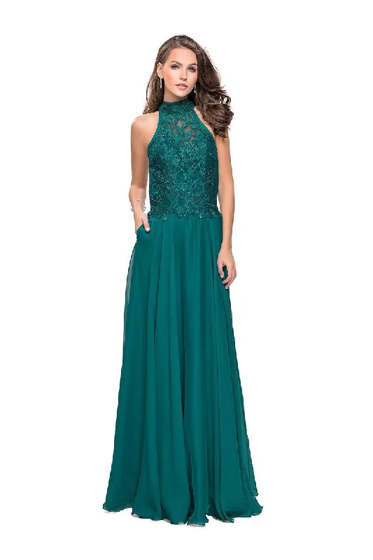 La Femme - 25355 Bejeweled Illusion Halter Lace Chiffon Gown