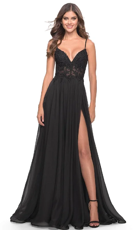 La Femme 30639 - Floral Lace V-Neck Evening Gown