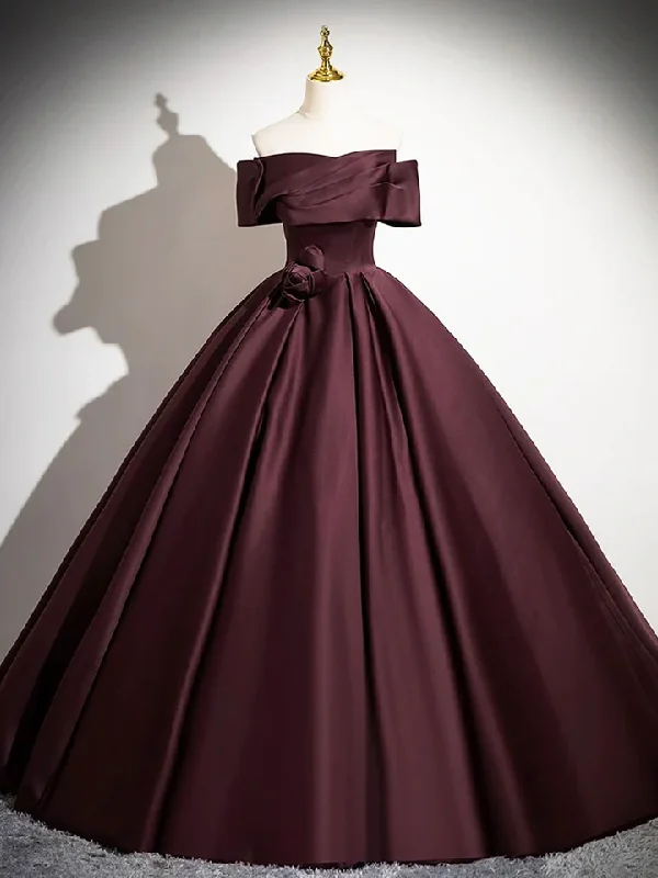 Dark Burgundy Satin Elegant A-Line Off Shoulder Evening Gown Formal Party Dress, DP2467