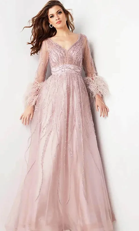 Jovani 38583 - Feather Embellished Long Sleeve Prom Dress